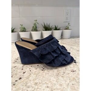 Liendo Navy Suede Ruffle Wedge Sandals Size 8.5